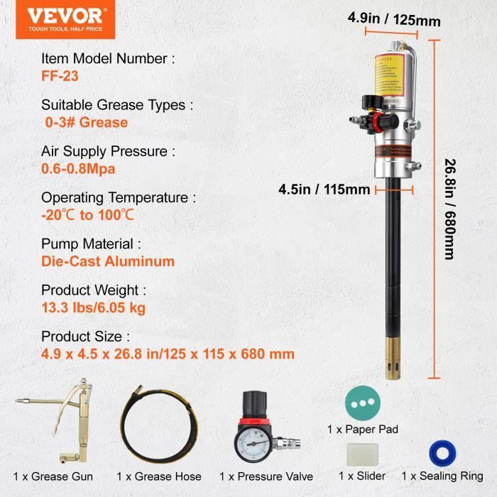 VEVOR Pompe à Graisse Pneumatique 50:1 – 20 L Seau Sur Roues, Tuyau 4 M, Pistolet + Buse 360°, Idéal Garage, Atelier, Agricole, Charge Lourde