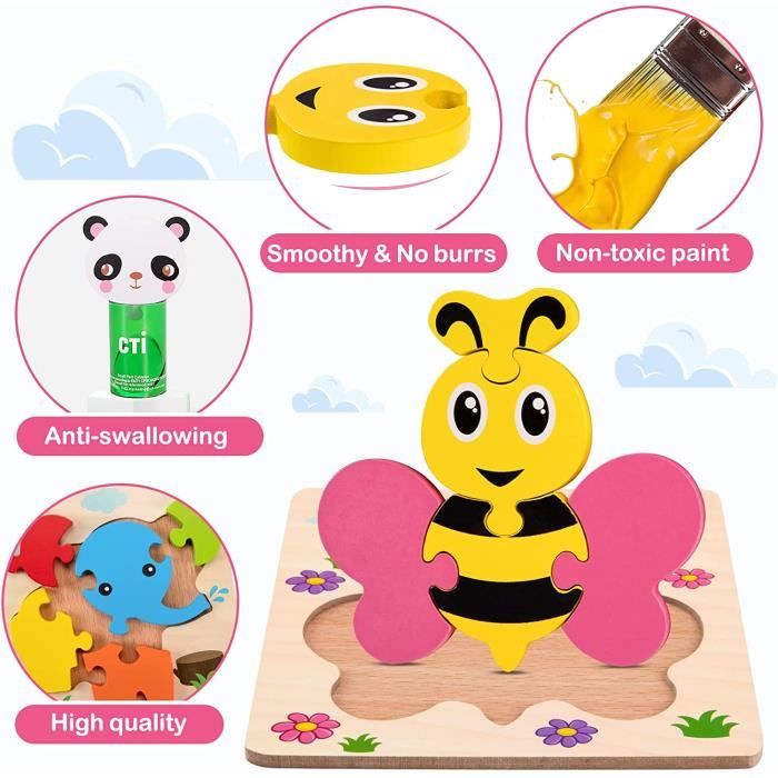 6 pièces Puzzles 3D avec cadres en bois Jouets pour bébés Montessori pour enfants, Jouets de