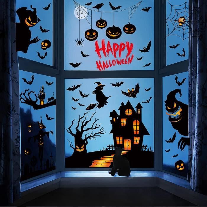 YIHELU Halloween Fenêtre Autocollants, Halloween Stickers, Autocollants  Halloween Amovible, Stickers Auto-adhésifs d'halloween Réutilisable pour