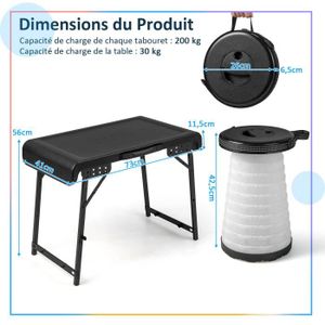 GOPLUS Table de Camping avec 2 Tabourets Rétractables à LED,Ensemble de