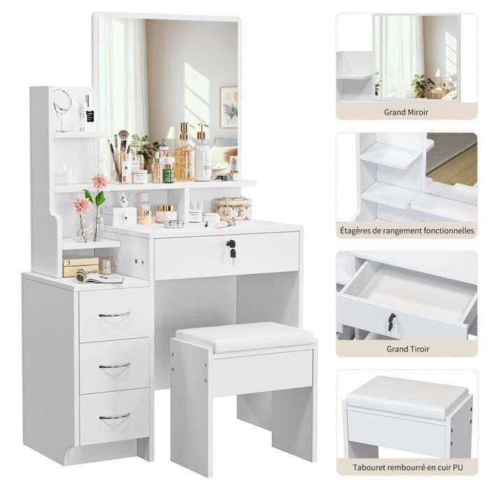 Coiffeuse Avec Miroir Et Éclairage LED Ereousa - 3 Tiroirs + 4 Étages - Table Maquillage 100x40x140cm - Blanc