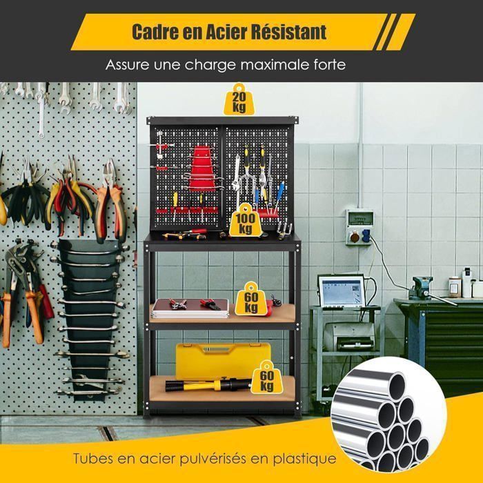 Établi métallique WT06 - robuste avec 2 tiroirs, panneau MDF perforé et