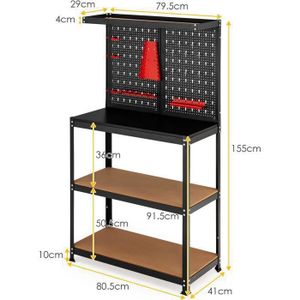 Établi De Travail Noir En Acier Robuste Avec Panneau Perforé 120 X 60 X 155cm Capacite Totale 370kg Assemblage Facile 100 Sans Boulon Etagere Rangement Atelier Bricolage 40 Crochets Offerts