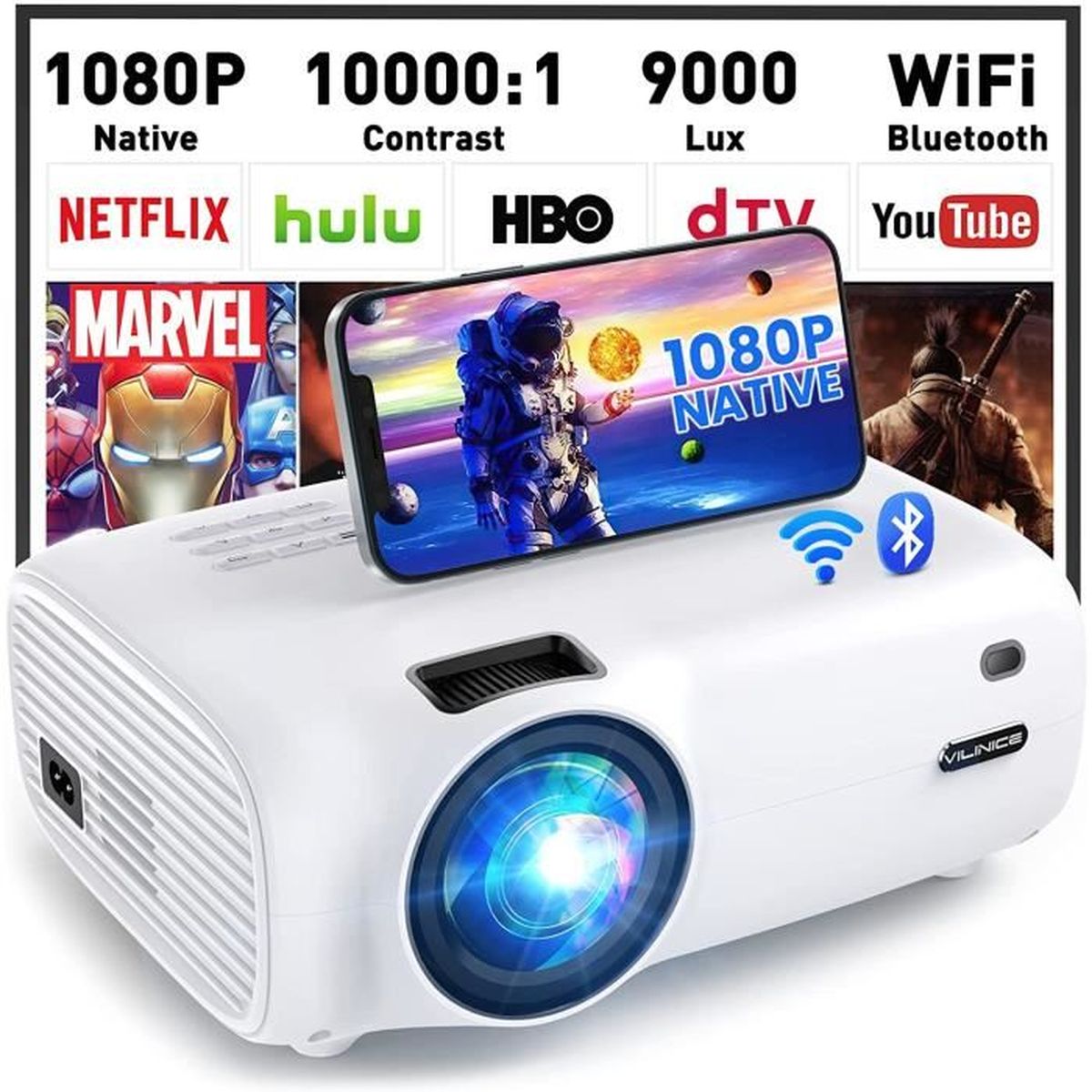 VILINICE Projecteur Bluetooth WiFi 9000L HD projecteur natif 1080P