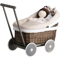Landau-poussette pour poupée en osier gris-brun ,poignée et roues en bois avec tissu beige et blanc