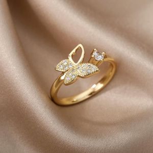 BRACELET - GOURMETTE couleur JZ2942G-4 taille Réglable Bague papillon en acier inoxydable pour femmes, anneau ouvert ajustable, zi