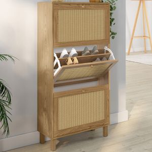 Meuble à Chaussures 4 Portes HANAE - Effet Cannage Naturel, Rangement 24 Paires - Dimensions 60x23.5x157 Cm