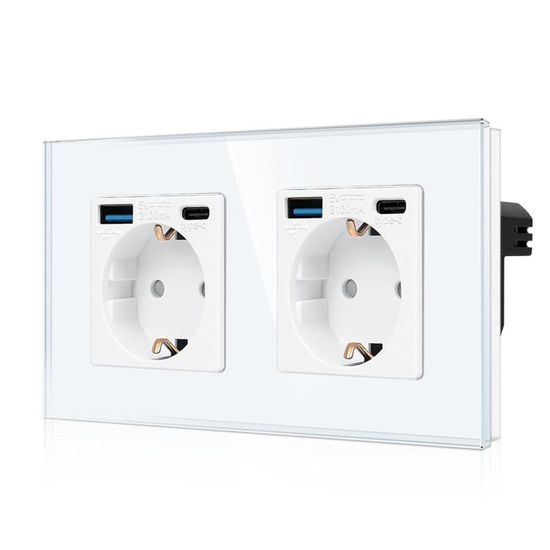 Double Prise Murale 220/230V En Verre Trempé Blanc - Neuve, Longueur 172 Mm