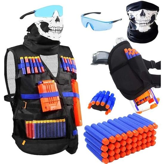 KIT Gilet tactique PR Nerf N-Strike pistolet + 2 Clips de 6 place + 40  balles EVA + bracelet + foulard + lunettes de protection - Cdiscount Jeux -  Jouets
