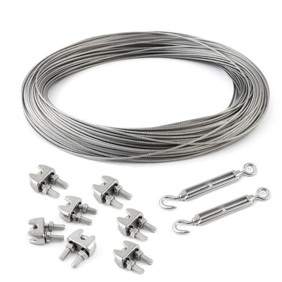 Set Câble Acier Galvanisé 40m, 5mm, 6x19 + 6 Serre-câbles Et 2 Tendeurs à Cage Crochet-oeil - Pour Clôture, Bateau, Bricolage - 9