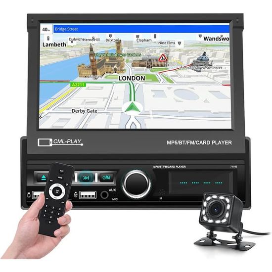 Autoradio 1 DIN CAMECHO Con Schermo 7" Touch | Bluetooth, Mirror Link, USB, FM | + Telecamera Retro | Bascule Automatico