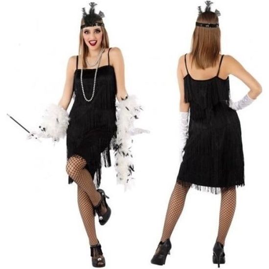Deguisement Charleston Noir Femme ATOSA Robe courte noire avec franges et galon tresse Annees 1920 et 1930 Cdiscount Jeux Jouets