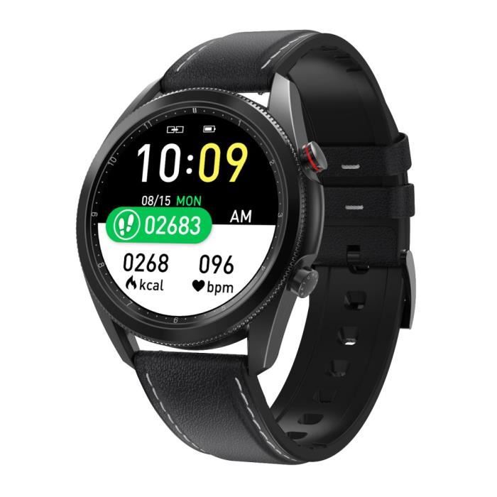 Montre Connectée Homme pour IOS Android, Sport Montre étanche, ECG d'appel Bluetooth Montre Moniteur de Sommeil Pédomètre, Noir Cuir