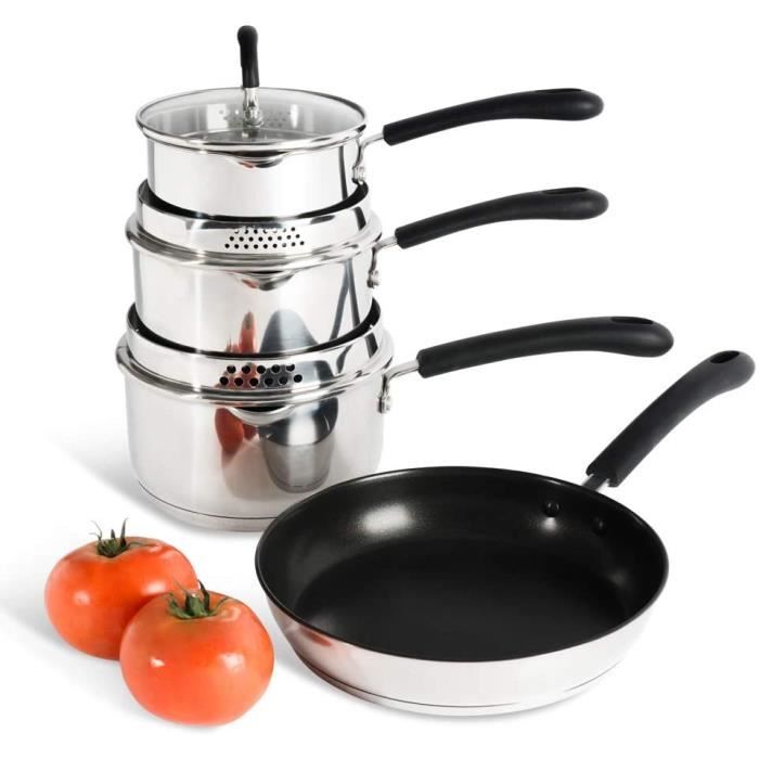 ProCook Gourmet Steel - Batterie Set Casseroles & Poêle - Inox 18 10 Induction - 4 Pièces - Becs Verseurs - Couvercles Passoire Verr