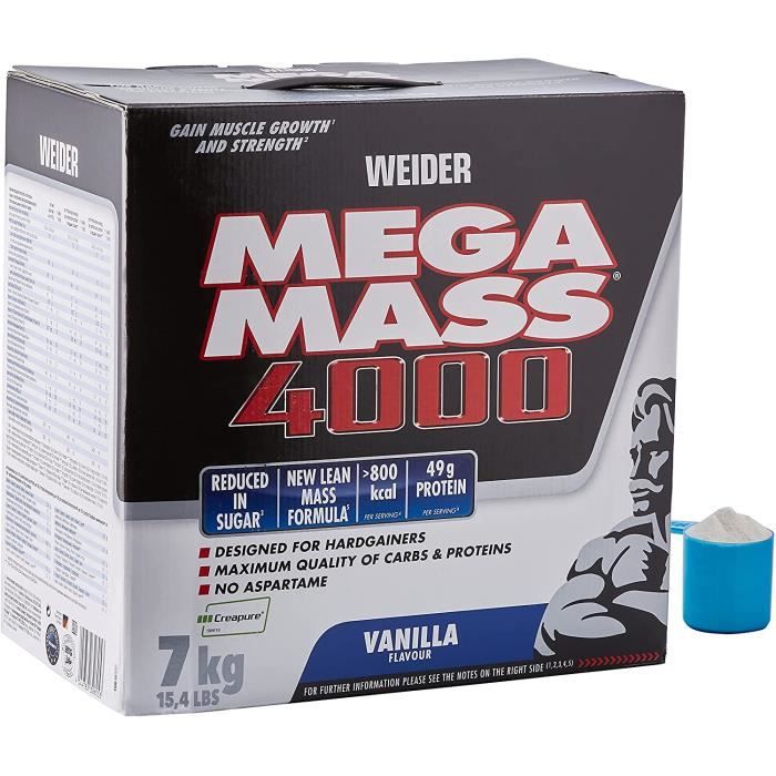 WEIDER Mega Mass 4000Vanille Milkshake Gainer avec de la Créatine et de la ProtéineBodybuilding-Fitness7kg 184