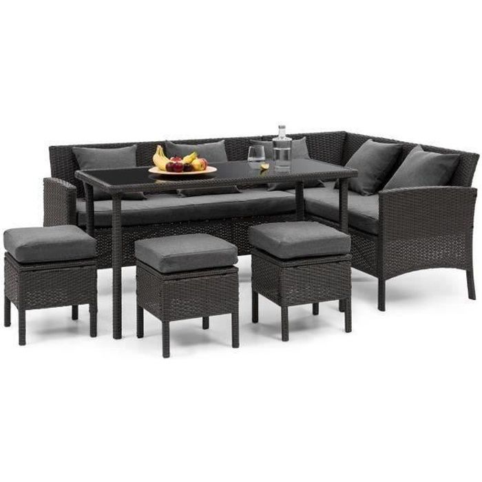 Blumfeldt Titania Lounge Salon de jardin 7 places résine tréssée - table à manger , canapé & 3 poufs - polyrotin noir & gris foncé