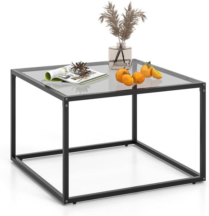 GOPLUS Table Basse Carrée 70x70x45cm en Verre Trempé-Cadre en Métal-Style Simple Moderne Gris & Noir