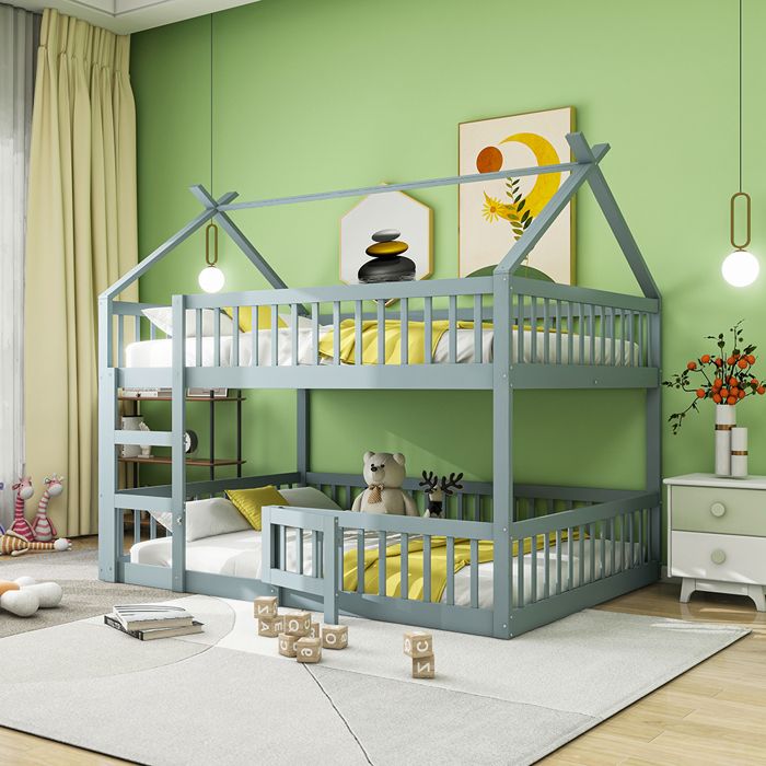 Lit cabane Lit superposé avec escalier 140x200 cm Lit familial pour enfants Lit Loft Design en bois massif Gris Lit cabane Lit superposé avec escalier 140x200 cm Lit familial pour enfants Lit Loft Design en bois massif Gris
