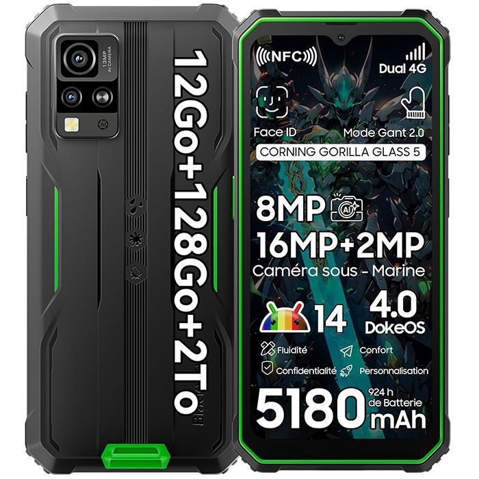 BLACKVIEW Smartphone Robuste  BV4800 Pro T&eacute;l&eacute;phone Portable Incassable12Go+128Go/2To TF6565180mAhIP68/IP69K16MP NFCVert 