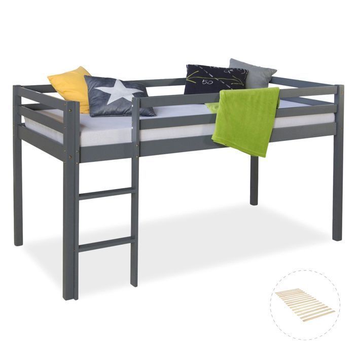 Lit Mezzanine Enfant 90x200 cm Gris Basic avec Sommier Lit Mezzanine Enfant 90x200 cm Gris Basic avec Sommier