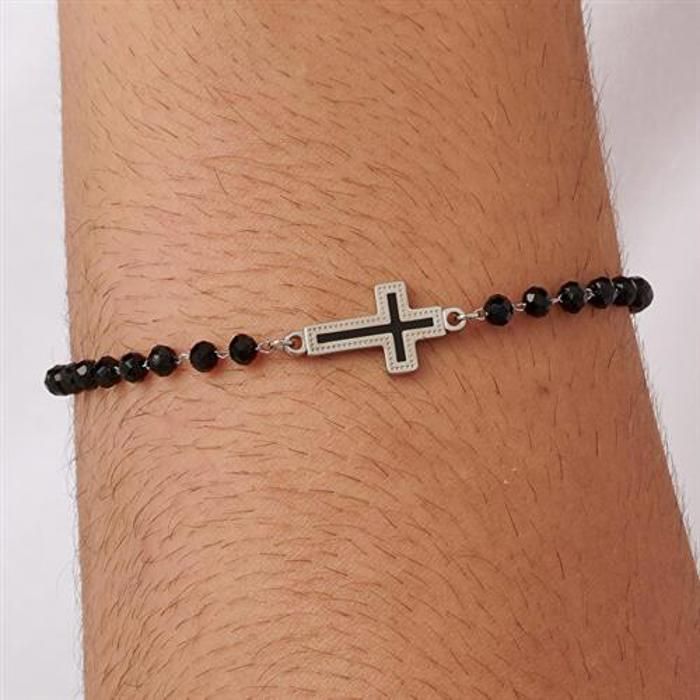 Bracelet - SAGAPÕ - SHS12 - Acier 316L - Verre Noir - Croix Émaillée