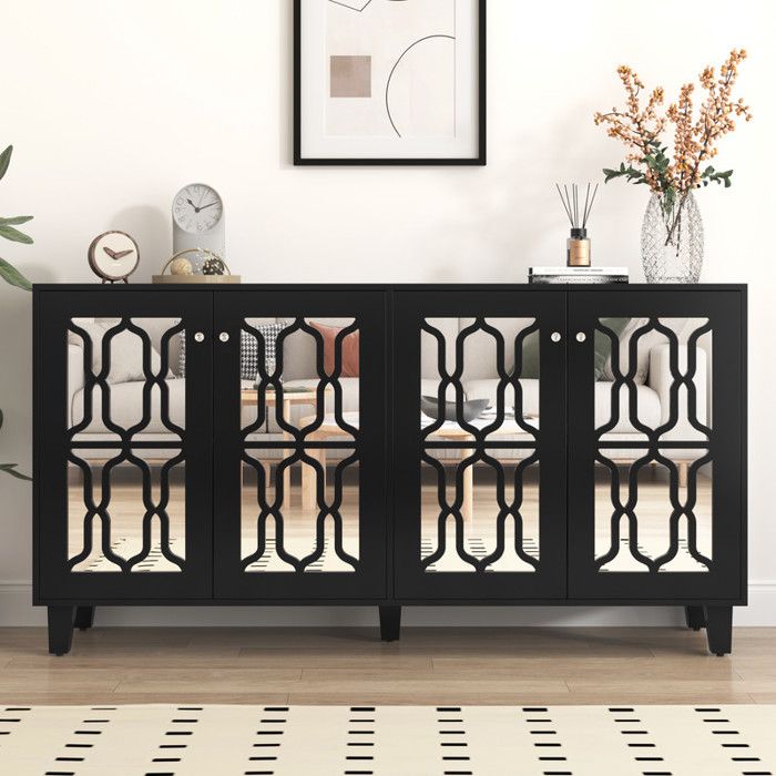 Buffet Noir Miroir 160x40x84 cm Avec Poignées en Cristal Buffet de Cuisine avec Quatre Portes et Stratifié Amovible Buffet Haut