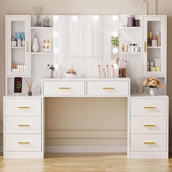 Grande Coiffeuse avec Miroir LED 2 Prises et Ports USB 8 Tiroirs de Rangement Adultes et Enfants 150×40×135cm