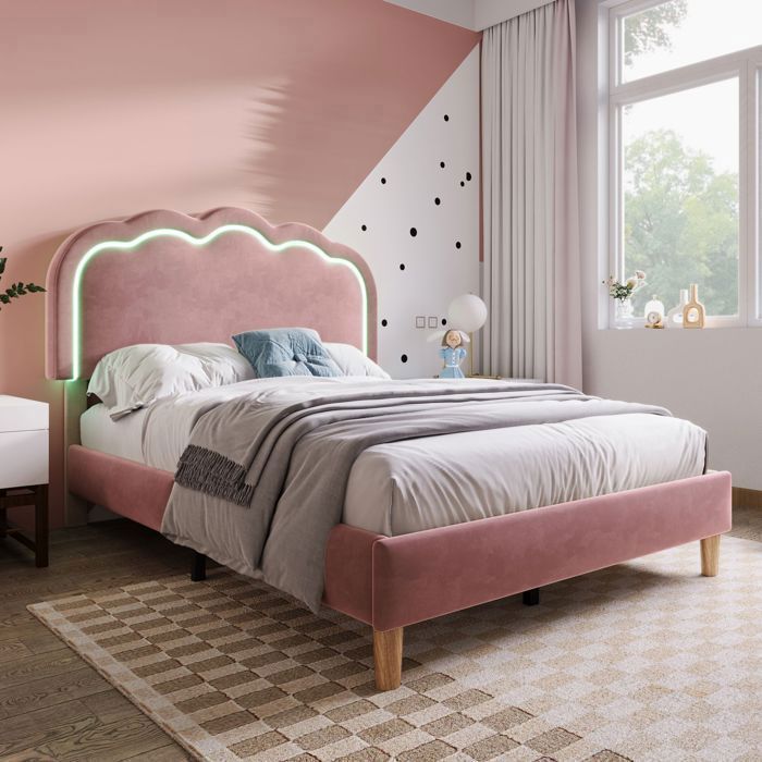 Lit simple enfant - SEYAKANY - 90x200 cm avec lampe LED sommier réglable - tissu velours - Rose