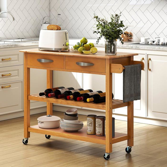 GIANTEX Desserte de Cuisine-Plateau en Bois de Caoutchouc-2 Tiroirs-2 Étagères Ouvertes-Cadre en bois de pin-116x43x89 cm-Naturel GIANTEX Desserte de Cuisine-Plateau en Bois de Caoutchouc-2 Tiroirs-2 Étagères Ouvertes-Cadre en bois de pin-116x43x89 cm-Naturel
