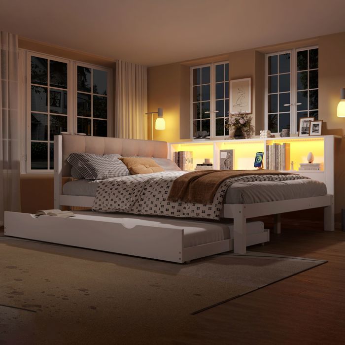 Lit gigogne - SOGEU - 140 x 200 cm - LED dimmable - Port USB - Étagères 3 niveaux