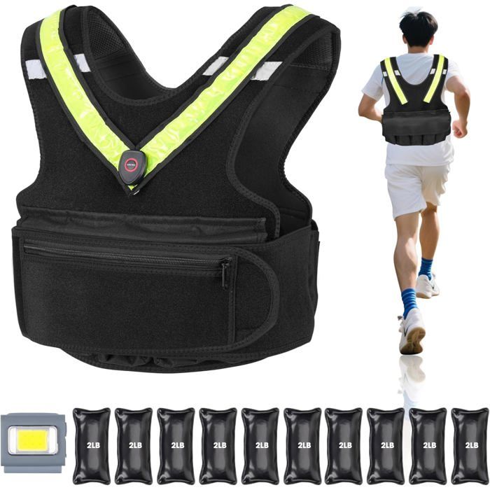 BOOSTEADY Gilet Lesté Homme 20lbs - Veste Poids Réglable avec Bande Réfléchissante & Lampe LED pour Course et Musculation BOOSTEADY Gilet Lesté Homme 20lbs - Veste Poids Réglable avec Bande Réfléchissante & Lampe LED pour Course et Musculation