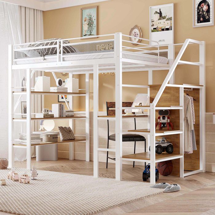 Lit mezzanine pour deux 140x200 cm avec bureau lit double avec rangement à trois niveaux et armoire lit enfant blanc