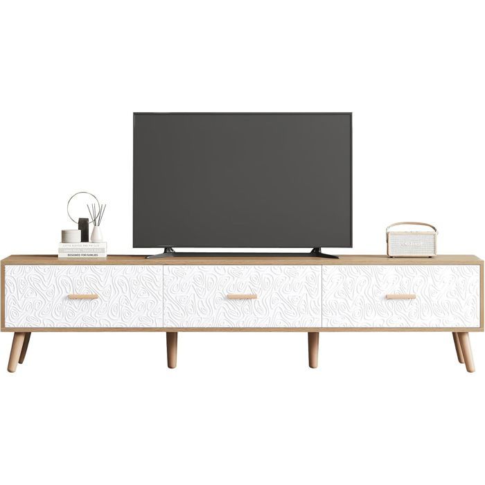 Meuble TV bas bois table TV - salon chambre à coucher bois clair finition Vintage Grain portes blanches 150*35*39 cm