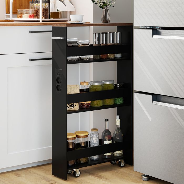 GIANTEX Desserte de Cuisine Étroit à Roulettes- 475x13x805cm- Station de Charge- Chariot de Service à 4 Niveaux- Noir + Brun