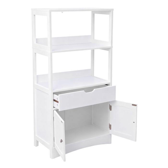 Meuble de Rangement de Salle de Bain Armoire Haute Bibliothèque avec 2 Compartiments Ouverts 1 Tiroir et 1 Placard Blanc Meuble de Rangement de Salle de Bain Armoire Haute Bibliothèque avec 2 Compartiments Ouverts 1 Tiroir et 1 Placard Blanc