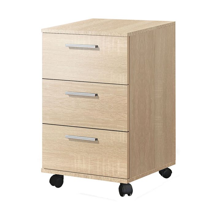 Caisson commode à 3 tiroirs avec roulettes coloris chêne - Longueur 42 x Hauteur 68 x Profondeur 35 cm