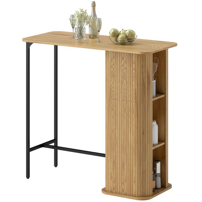 Table de Bar - HOMCOM - 3 Étagères de Rangement - Design à Lattes et Pieds en Métal - Style Scandinave - 112x50x106cm - Bois Naturel