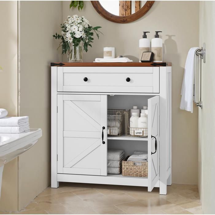 Maisentiel Buffet de cuisine style campagne blanc plateau effet noyer 1 tiroir 2 portes 76 x 30 x 83 cm