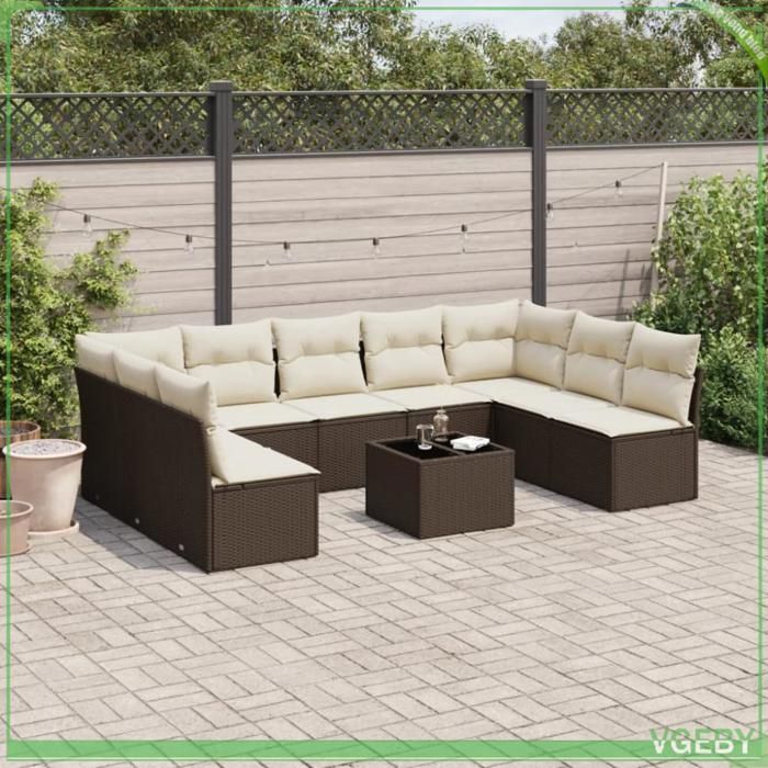 Salon de jardin - Ensemble modulaire 10 pcs - Résine tressée marron - Coussins crème déhoussables - Table verre trempé