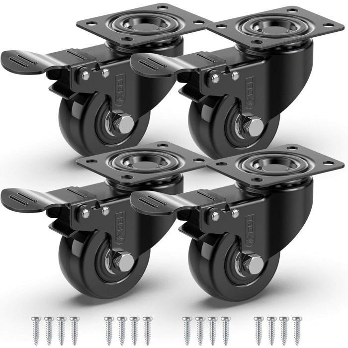 4 Roulettes Pivotantes Pour Meubles avec Frein+Vis 50mm Jusquà 200KG Roulette Sans Traces au Sol pour Charge Lourde Roue