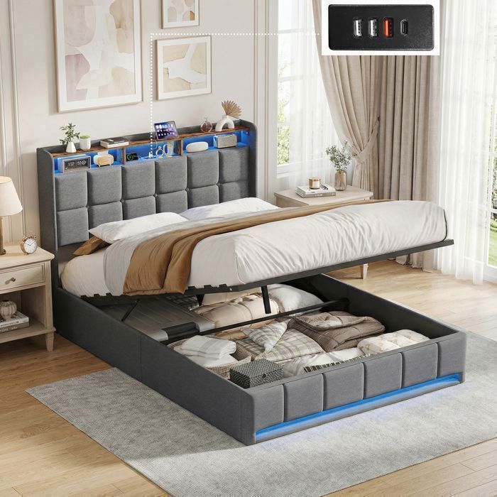 Lit coffre 140x200 cm avec sommier lit adulte avec LED et USB lit double avec rangement hydraulique lit capitonné tissu lin gris