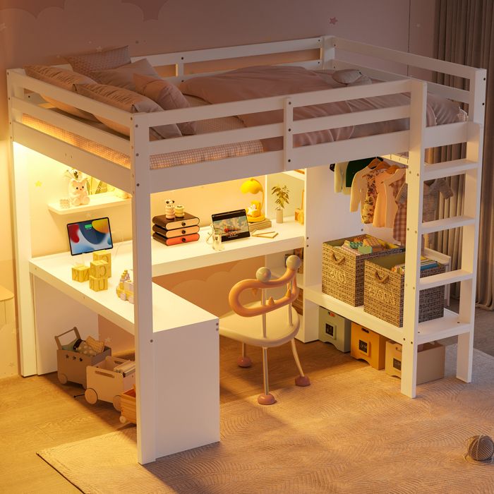 Lit mezzanine en bois massif pour enfant 140 x 200cm avec étagère multifonction bureau sous le lit lampe LED et prise USB blanc