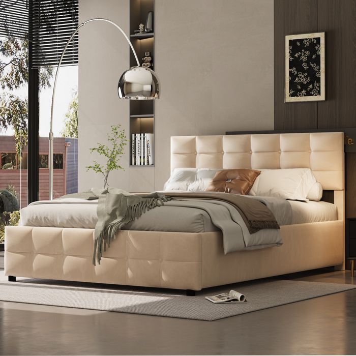 Lit capitonné 180×200 cm sommier à lattes lit coffre hydraulique velours hollandaisBeige