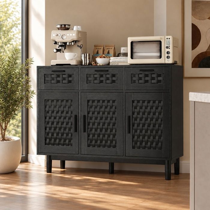 Buffet Cuisine Meuble de Rangement-107.9x40x80 CM-Buffet Salon avec 3 Portes 3 Tiroirs-pour SalonSalle à MangerMeuble dentréNoir