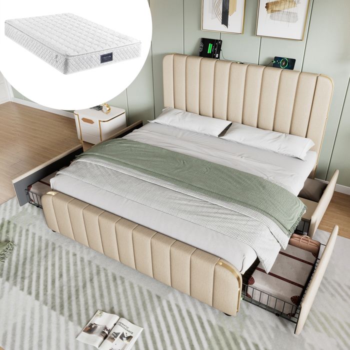 Lit - KOMHTOM - 140x200 - Rembourré lin beige - 4 tiroirs - Matelas 620 ressorts inclus