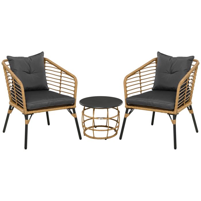 Salon de jardin rotin 3 pièces 2 fauteuils + table basse bistro avec coussins sable + gris foncé ensemble balcon terrasse