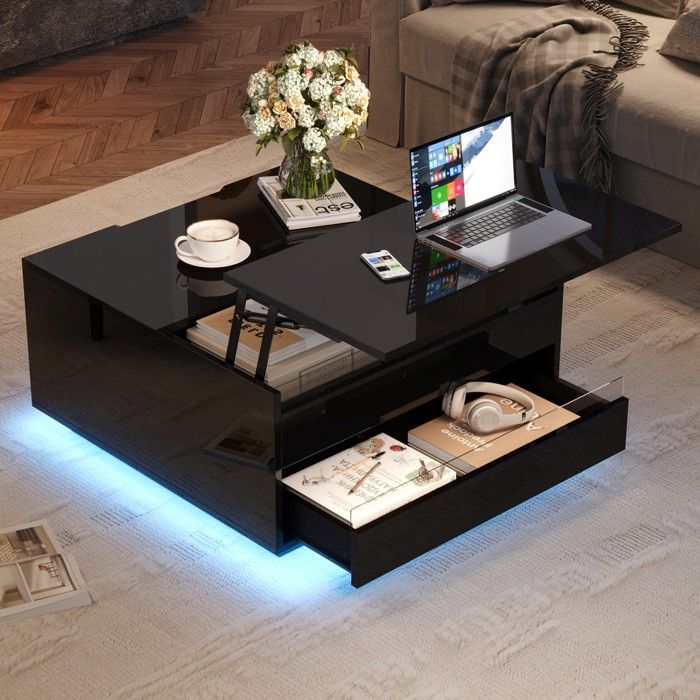 Table basse carrée noire brillante avec LED plateau relevable et tiroir