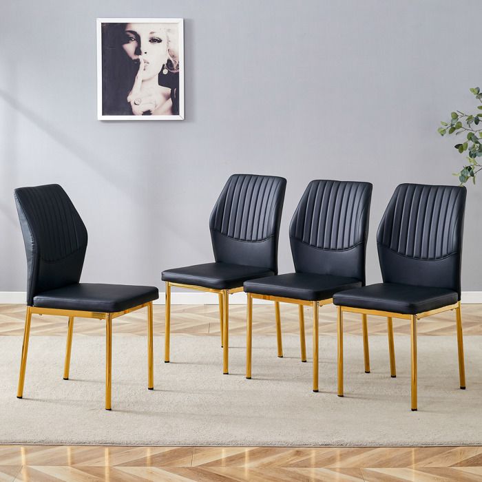 [4er-Set] Chiques chaises de salle à manger dans le style léger-luxe: Porte-dos en PU noir avec estampe verticale + pieds dor méta
