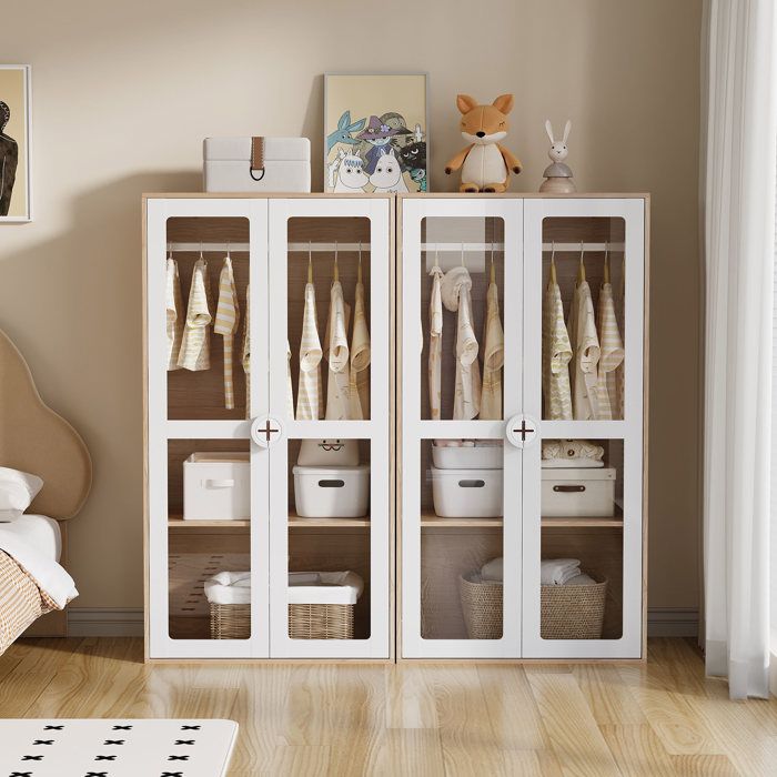 Lot de 2 armoires enfant 80 x 50 x 150 cm 10 niveaux réglables tringle portes acryliques MDF blanc naturel