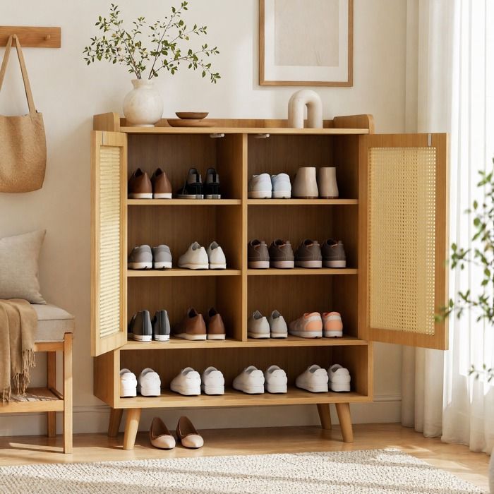 Meuble a chaussures en rotin naturel avec 2 portes et 5 etageres ouverture par pression pour entree 80×35×105 cm - UVRION
